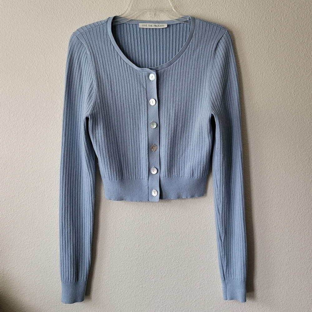 Live The Process Blue Deco Ribbed Button Up Cardigan Sweater Silk Blend Cropped